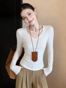 Slimming V-neck T-shirt Long Sleeve White Style For Women