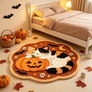 VIKAMA Halloween Calico Cat Pumpkin Shaped Area Rug Cute Bat Skull Non‑Slip Floor Mat for Bedroom Holiday Home Decor