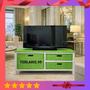 (REDY STOK) Meja Tv Rotan Sintetis Rak Dan Lemari Laci 3.Mini