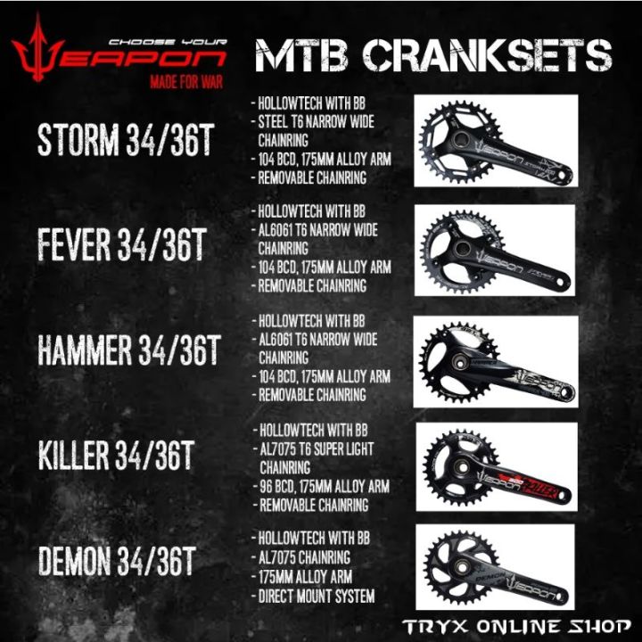 Weapon Cranksets (Storm, Fever, Hammer, Killer, Demon) 34T/36T 1x for