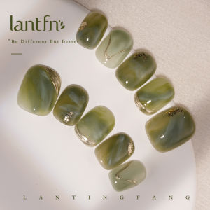 LTF Original Pure Handmade Wearable Nail Art เอฟเฟกต์มรกต ขอบทอง ชุบเงิน ชิ้นส่วนเล็บสวยงาม เล็บสวมใส่ ดีไซน์เก๋ไก๋