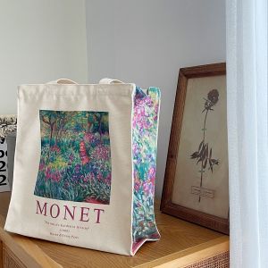 Túi Vải Bố Tranh Sơn Dầu Monet Túi Một Vai Sức Chứa Lớn Dễ Phối Túi Tote Kéo Khóa Máy Tính Cá Tính Đi Làm Cho Nữ Bảo Vệ Môi Trường