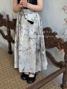 Girls Hanfu Summer New Children Style Dress Ink Painting Horse Tailed Skirt Baby Ancient Style Tang Costume Polyester Fiber Cotton Blend Daily Wear