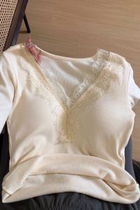 Áo Sơ Mi Lót Ren Trắng Cổ Chữ V Thanh Lịch Kiểu Pháp Cho Nữ Mùa Thu Đông Dài Tay Áo Lót Bên Trong Mặc Trong Nhà