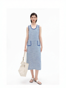 Cotton Stripe U-Neck Sleeveless A-Line Dress