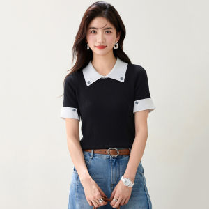 puella | French Style Color-block Polo-neck Slim-fit Shirt