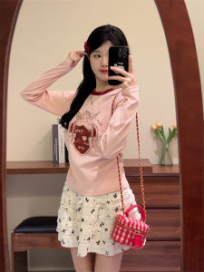 Áo Thun Cotton Dài Tay in Hình Thiên Thần Thiết Kế Ôm Vừa Vặn Cho Nữ Mùa Thu Áo Ngắn Áo Lót Áo Thun Cotton