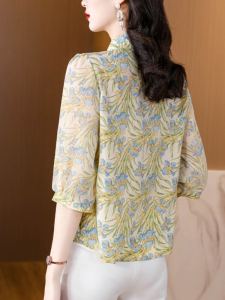 เสื้อเชิ้ตแขนยาวผ้าอะซิเตทลายดอกไม้ปิดหน้าท้องสไตล์เกาหลีสำหรับผู้หญิงวัย 30-34 ปี ทรงหลวม ปกติ