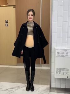 Stylish Black High-end Petite Mid-length Trench Coat for Spring and Autumn Slim Waist