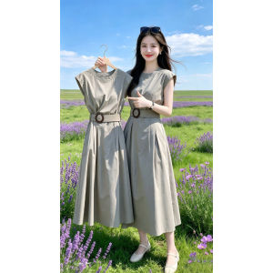Shalldoer | French Style Commuter Fitted Belts Sleeveless Versatile Round Neck Slim Flare Long Dress