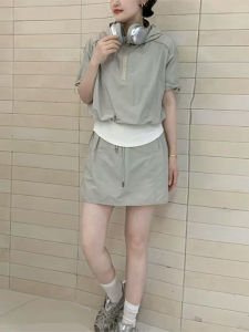 Shalldoer | Summer Beautiful Womens Short Sleeve Hat Collision Color Block Set Elastic Waist Mini Skirt Two-Piece Suit Fashionable Outfit