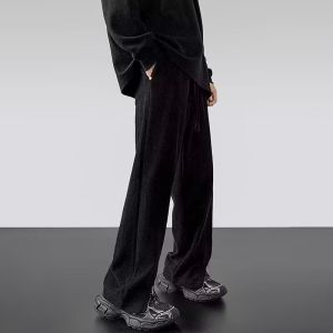 Corduroy Mens Loose Straight Leg Casual Trousers Spring Autumn Trendy Brand Zipper Slit Floor-Length Pants Cool And Handsome