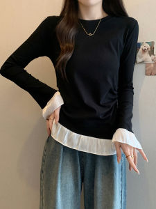 Áo Thun Nữ Tay Áo Cạp Cao Phong Cách Hàn Quốc Mùa Xuân 2025 Thiết Kế Mới Tay Áo Cỡ Lớn Viền Xếp Ly Viền Giả Hai Mảnh