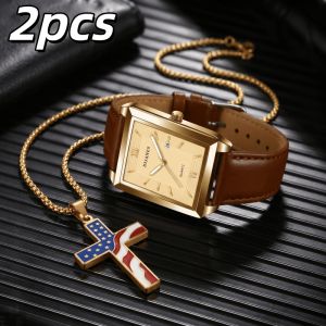 Luxury Men Watch with Necklace Set Fashion Business Black Brown Leather Quartz Wristwatches for Man Clock Gift Relogio Masculino