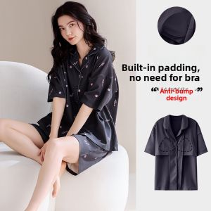 MiiOW | Pure Cotton Catwoman Sleepwear Womens Summer Short Sleeve Shorts With Chest Pad Cute Cartoon Outdoor Home Clothes