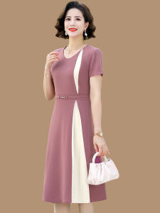 Váy Midi Tay Ngắn Voan Thời Trang Cho Phụ Nữ Trung Niên Mùa Hè 2024 Váy Dài Đến Giữa Bắp Chân Phong Cách Hàn Quốc Cổ Tròn