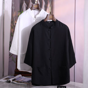 Chinese Style Collarless Half Sleeve Shirt Loose Frog Buckle Raccoon Artistic Casual Drop Shoulder Tops Mens Non-Ironing Quick-Drying 4038