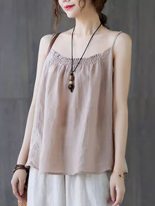 plus Size Cotton Linen Strap Vest Women Summer Outdoor Wear Thin Style Meat Conceal Slimming Sleeveless Top Loose Fit Basic Style