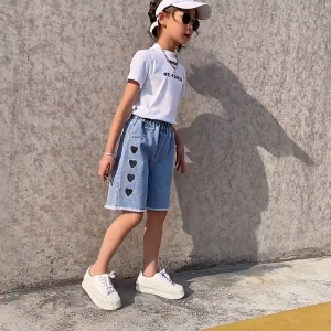 Sweetkids Girls Shorts For Summer Wear Heart Embroidered Shorts Popular Jeans High-Quality Denim Casual Pants For 3-14 Years