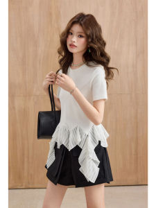 Chic Korean Style Pleated Ruffle Hem Sash Tie Round Neck Short Sleeve T-Shirt