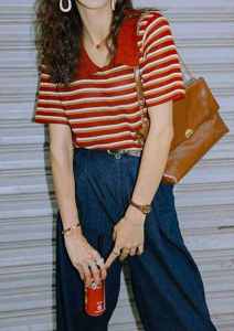 Red Striped Polo Neck Short Sleeve T-Shirt Womens Summer Knitted Regular Fit Korean Style Thin Fabric Casual Top