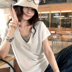 SHUQINGLAI | Fake Two-Piece V-Neck Regular Shoulder Short Sleeve Cotton Loose Fit Slimming Stylish T-Shirt