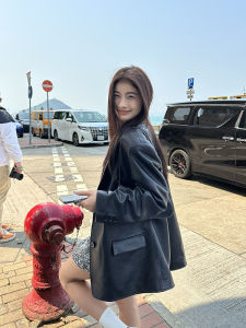 Black PU Leather Suit Jacket Women Loose Hong Kong Style Spring Autumn New Design High Sensation Retro Street Fashion