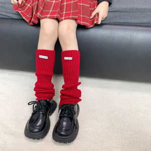 ถุงเท้าถักสีแดงสำหรับเด็กผู้หญิง ถุงเท้าข้อสั้นสีแดง ถุงเท้าข้อสั้นแบบทับซ้อน ทรงเรียบง่าย สไตล์ฤดูใบไม้ร่วง/ฤดูหนาว