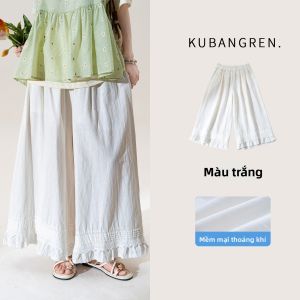 Quần Dài Chân Rộng Cao Waist Trắng Phong Cách Pháp Mùa Hè