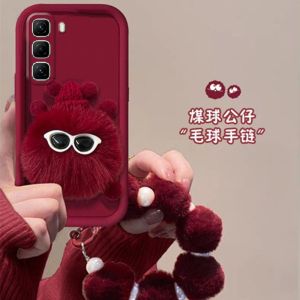 Phone Case Infinix Hot 60i Hot 60 Pro + Plus 5G 4G Cute 3D Red Plush Coal Ball Casing with Pearl Plush Wristband Lens Protection Soft Back Cover 2025