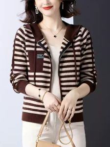 Áo Khoác Cardigan Dệt Kim Dài Tay Kẻ Sọc Cho Nữ Mùa Xuân Thu 2024 Áo Khoác Ngoài Cardigan Dệt Kim Dáng Rộng Phong Cách Hàn Quốc