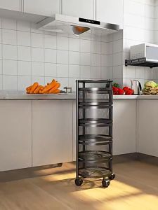 ห้องเก็บผักและตะกร้าผัก ชั้นวางทรงกลม มีล้อเคลื่อนย้ายได้ 360 องศา ตู้เก็บของในครัว แข็งแรงทนทาน ไม่เป็นสนิม และระบายน้ำได้