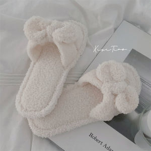 Thin Strips Japanese Style Plush Bows Cotton Slippers Womens Autumn and Winter Sweet Home Non-Slip Stuffed Flip Flops
