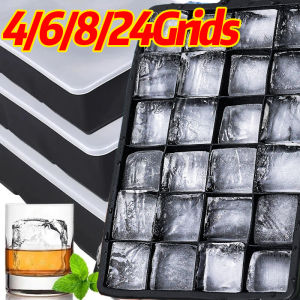 4/6/8/24Grid Food Grade Silicone Large Ice Cube Mould with Lid Square Ice Cube Tray Mold DIY Bar Pub Whiskey Cocktail Ice Blocks Maker Gadgets