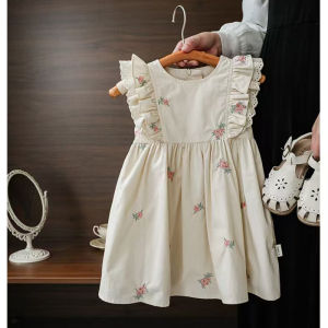 Summer Girls Dress Childrens Clothing Bow Embroidered Flower Collar Girls Dress Cartoon Printed Flying Sleeves Princess Dress