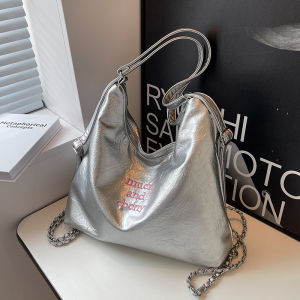 Trendy Silver Large Capacity Tote Bag Womens New 2025 Single Shoulder Bag Double Shoulder Bag Casual Soft Square Shape PU Material