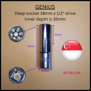 Ready stock. GENIUS 6 points Deep socket 18mm x 1/2" drive. Inner depth is 35mm. Made of Chrome Vanadium Steel