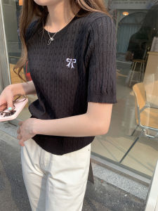 Elegant Embroidered Ice Silk Knitted Top Short Sleeve round Neck Loose T-Shirt Korean Style Straight Cut Summer Fashionable Blouse