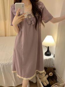 Pure Cotton Short Sleeve Sleep Dress Womens Summer New Style Sleepwear with Chest Pad Purple Color Large Size Court Style