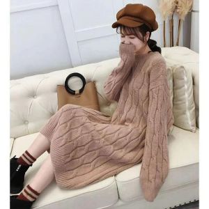 Autumn Winter Long over Knee Cashmere Knitted Dress Womens round Neck Loose Pure Color Versatile Thickened Warm Casual Dress