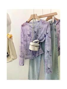 เสื้อเชิ้ตผู้หญิงแขนยาวบางลายผีเสื้อสีม่วง 2025 ฤดูใบไม้ร่วง ปกป้องตัวจากแสงแดด ผ้าตาข่าย ทรงสลิมฟิต แฟชั่นสำหรับผู้หญิง