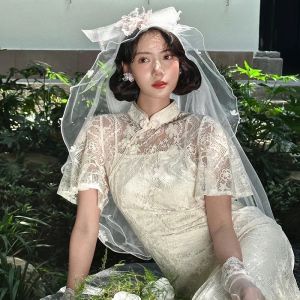 เรียบหรู หูฟังเจ้าสาววินเทจ สีขาว เครื่องประดับผมดอกไม้สําหรับชุดแต่งงานถ่ายภาพท่องเที่ยวและงานแต่งงานปลายทาง