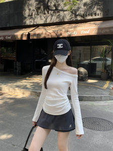 Áo Thun Nữ Tay Dài Ôm Vừa Vặn Mùa Thu Phong Cách Ngọt Ngào Cổ Chéo Hở Vai Xếp Ly Dài Tay Áo Lót Cơ Bản