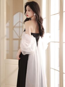 Elegant Black Evening Gown for Women Adult Birthday Party Host High-End Sensation New 2025 Style Korean Version One Shoulder Long Dress