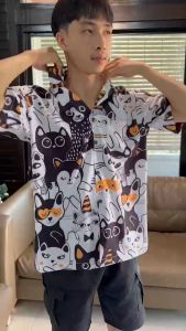 เสื้อเชิ้ตฮาวาย วินเทจ ผ้าไหมอิตาลี ลายแมว F50