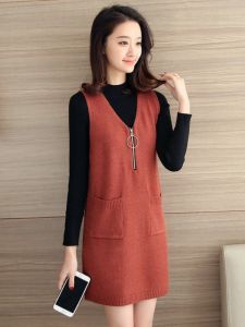 เสื้อกั๊กถักแขนกุดคอวีสไตล์เกาหลีสำหรับผู้หญิง เสื้อคลุมคาร์ดิแกนผ้าขนสัตว์ฤดูใบไม้ร่วง/ฤดูหนาว เสื้อคลุมคาร์ดิแกนแฟชั่น