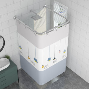 Bathroom Shower Curtain Set Waterproof C-Shaped Ring Bath Room Partition Curved Arc Shape Drapery No-Punching Needed