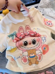 Labubu Pure Cotton Summer T-Shirt for Girls Thin 3D Cartoon Embroidery Cool Feeling Short Sleeve round Neck Kids Clothing