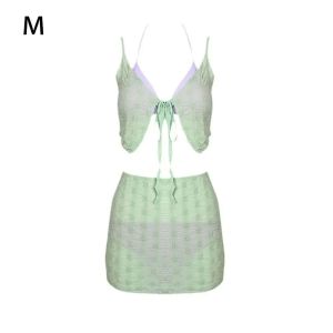 ชุดว่ายน้ำสองชิ้นคอวีแขนสั้นผ้าโพลีเอสเตอร์สำหรับผู้หญิงในฤดูร้อนปี 2024 กระโปรงสั้นแบบสวมหัว