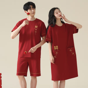 miiow | Couples Cotton Pajamas Summer Thin Short Sleeve Pants Home Clothes Set Large Size Sleepwear Casual Round Neck Cartoon Print